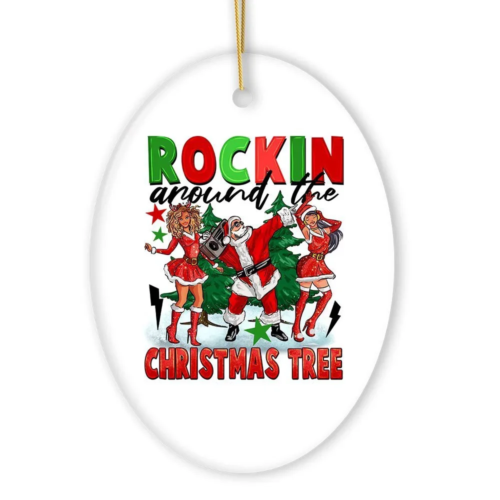 Rockstar Dancing Santa and the Ladies Cool and Funny Ornament, Rockin Around th